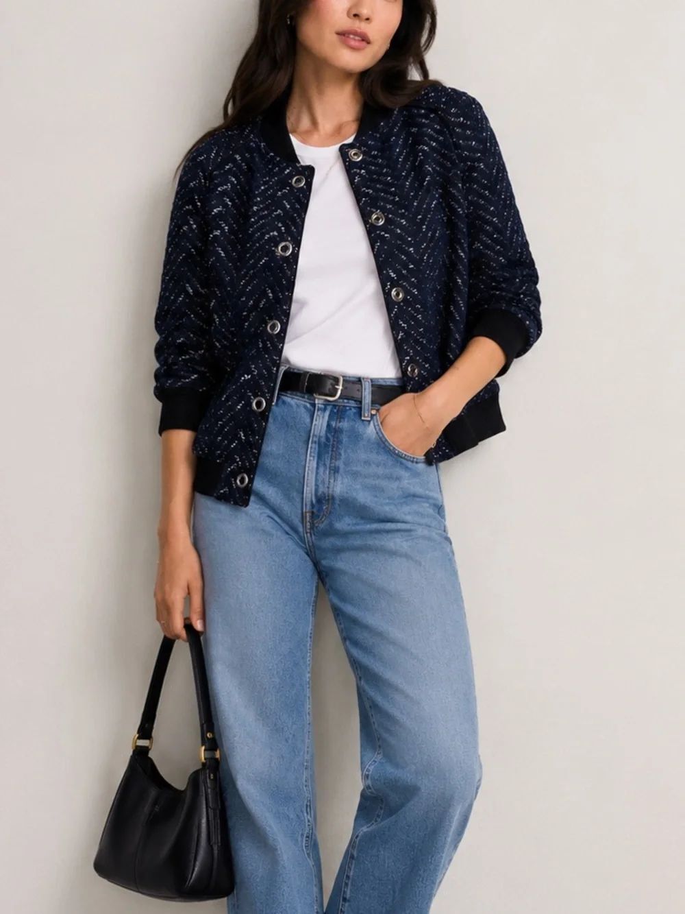 3.1 Phillip Lim Blue Chevron Textured Bomber Jacket Snap Front Size 0 XS